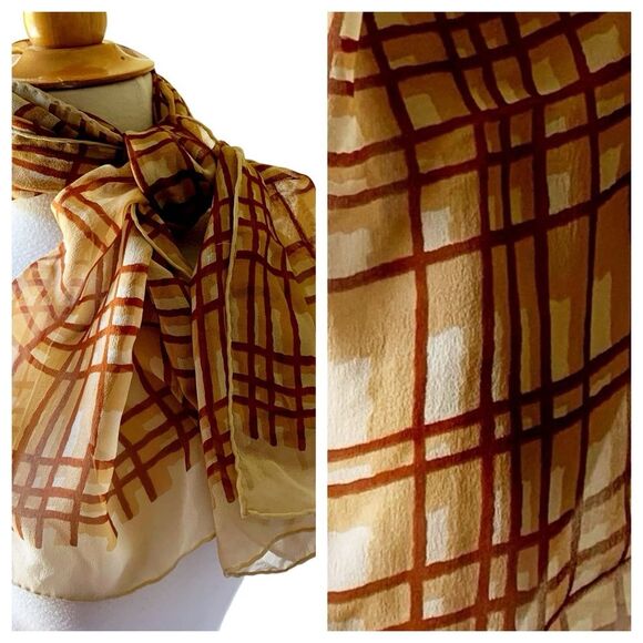 Vintage NOS ECHO Rectangular Brown Tan Silk Scarf Hand Rolled Hem - Picture 2 of 9